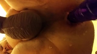 Purple glass toy in the ass after shower 