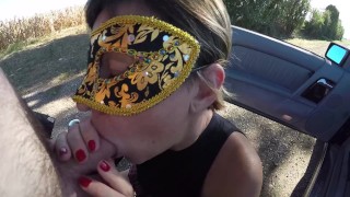 MILF Slut pisses and drains her husband in his thong outdoors.