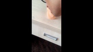 Twink licks own cum from fake pussy