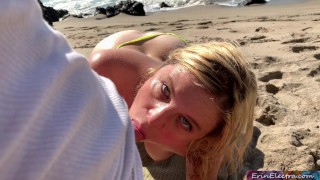 Stepmom on vacation seduces stepson on the beach (POV)