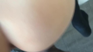 Hot brunette fucked doggy, quickie ends in cumshot on gf's big ass