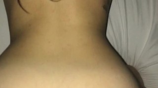 Horny teen slut takes cumshot on big booty, loud moaning morning sex POV