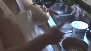 BBW wearing apron topless baking cookies in kitchen licks nips - Not HQ
