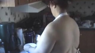 BBW wearing apron topless baking cookies in kitchen licks nips - Not HQ