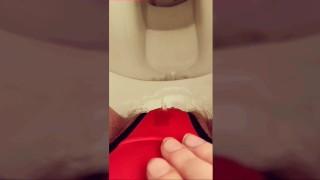 Wetting on toilet in too tight panties while rubbing hairy pussy to orgasm