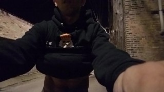 Horny Jock Strips Naked and Jacks-Off in Back Alley