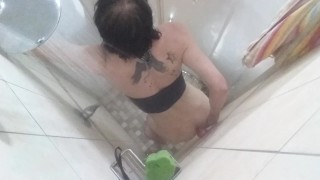 Femboy After swim shower fun Deep throat and dildo riding