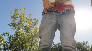 Hot guy jerks off nervously in public