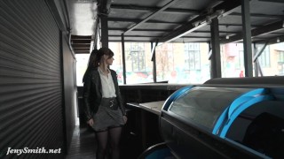 Flashing stockings line with mini skirt by sexy Jeny Smith