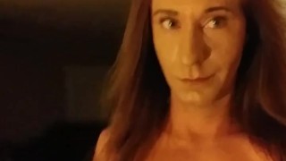 Big Busty Fake tits Shemale Kimberly George walking Down Stairs at Home
