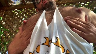 Dad's Hairy Tit Play Causes Massive Erection Outside