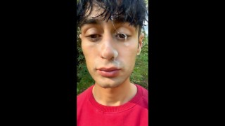 Walk and jerk off with cum mess on face by stranger outdoor