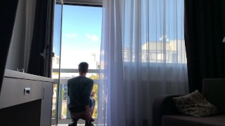 Vibrating dildo deep in ass , prostate stimulation on a balcony