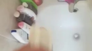 Bf using a fleshjack in the bathroom 