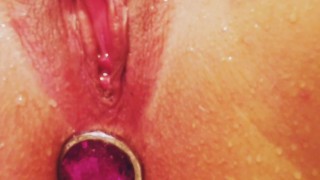 Up close double pen shower fun with new butt plug and vibrator