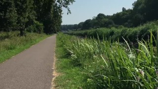 Imaginata with nipple clamps and butt plug walking outdoor, public flashing