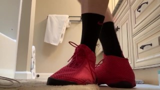Black and red Nike elite socks with red Jordan retro 