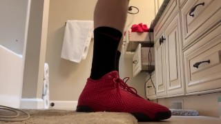 Black and red Nike elite socks with red Jordan retro 