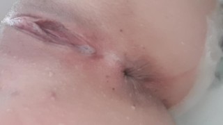 Dripping wet pussy, Anal toying in bathtub and pushing toy out