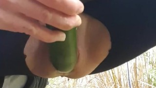 Horny Little Milf Fucks A Zucchini Outside In Public By The Highway! 