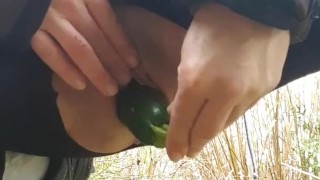 Horny Little Milf Fucks A Zucchini Outside In Public By The Highway! 