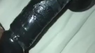 Hot moaning while taking huge dildo