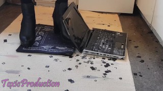 Laptop crushed under sexy high heels
