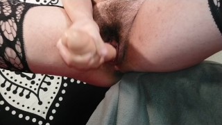 Chubby milf jerks off her big dick then rips it off 