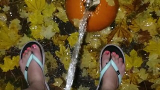Girl Standing Festive Piss On Pumpkin