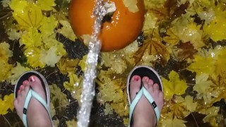 Girl Standing Festive Piss On Pumpkin
