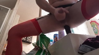 Making my cock squirt cum all over while riding my dildo 