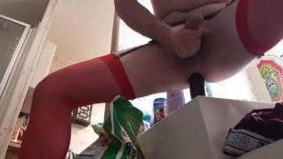 Making my cock squirt cum all over while riding my dildo 