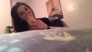 Misbehaving young slut licks her feet on parents bed 