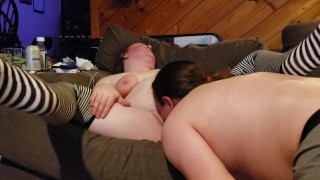 Putting on thigh-highs & enjoying a great pussy-eating