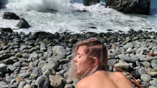 Russian teen girl swallows hot cum on Californian public beach - Eva Elfie