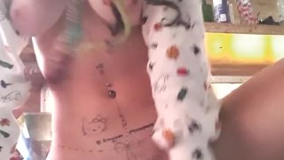 Spooky bitch rides big dildo till squirting orgasm