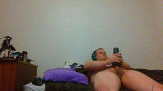 Chubby man slut jacks it, careful not to wake up room mate