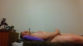Chubby man slut jacks it, careful not to wake up room mate