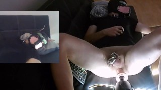 Puppy plays with his new fuck machine while locked in chastity cage