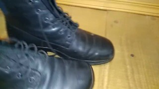 Girl spits on boots