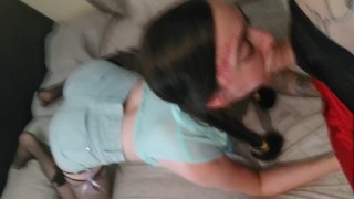 Cute petite babe eats hard cock bent over