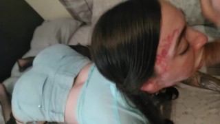 Cute petite babe eats hard cock bent over