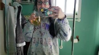 POV Hairy Pussy Pisses In A Glass Then Pee Tasting and Spitting