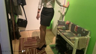 WIFE IN BUSINESS LOOK KEPT AWAY FROM WORK FUCKED WITH CUM IN TIGHTS