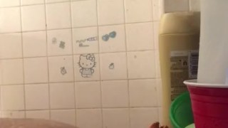 Hello kitty Bbw showers while daddy watches through window Squirts cums 