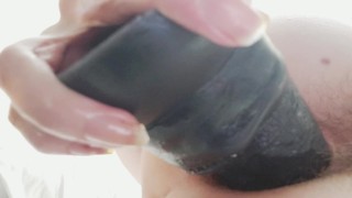 Tiny disabled babe shoves huge cock in ass