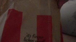BBW eating bucket of kfc popcorn chicken