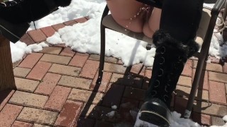 MILF pees out in her snowy backyard in Denver