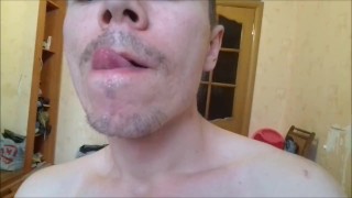 Russian guy plays with his ass, Masturbates cock and spits