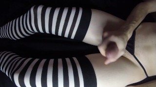Sissy Boy strokes cock in panties and stockings!!! Thick load!!!